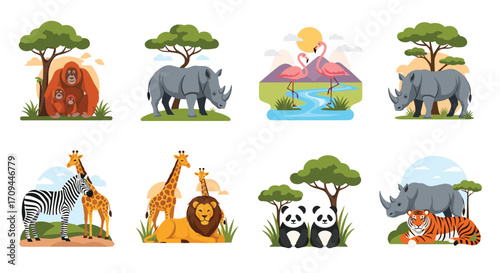 Collection of adorable pixel art wild animals in their natural habitats in Africa and Asia.