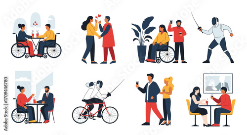 Diverse people interacting and enjoying different activities together in various settings.