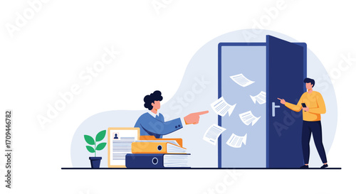 Employee being dismissed from the workplace and a colleague leaving.