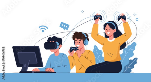 Friends enjoying virtual reality gaming and competitive online multiplayer together.