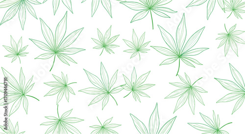 Cannabis leaves pattern on white background, green outline, artistic design.