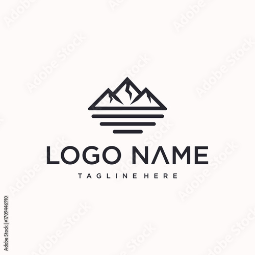 A minimalist logo featuring three mountain peaks reflected in a calm body of water, creating a serene and symbolic image.