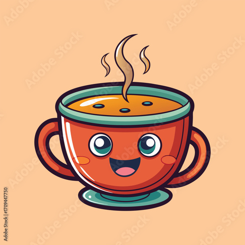 Smiling hot coffee cup cartoon with steam and cute vector illustration,generative ai