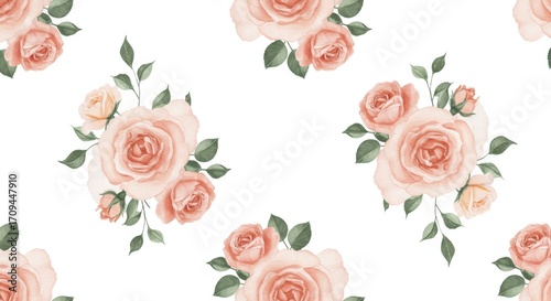 Watercolor Rose Floral Pattern on White Background.