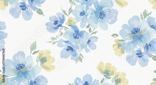 Watercolor floral pattern with blue and yellow flowers.