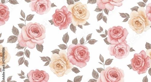 Watercolor Roses Seamless Pattern Pink and Yellow Flowers.