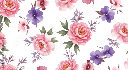 Watercolor floral pattern with pink peonies and purple flowers.