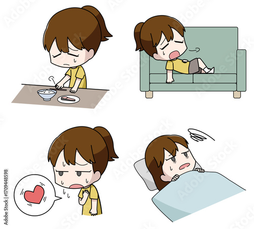 うつ病の身体的症状のイラスト4種類セット・女子