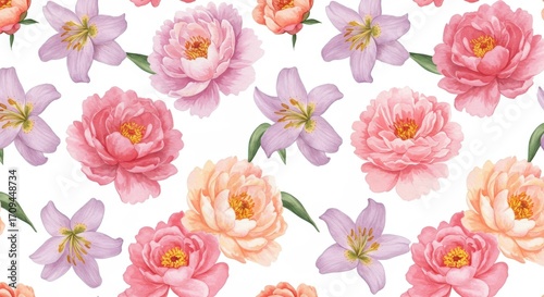 Watercolor Floral Pattern: Peonies Lilies and Leaves on White.