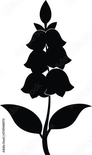 Foxglove Flower Silhouette Vector. Digitalis Plant Black Outline Botanical Illustration.