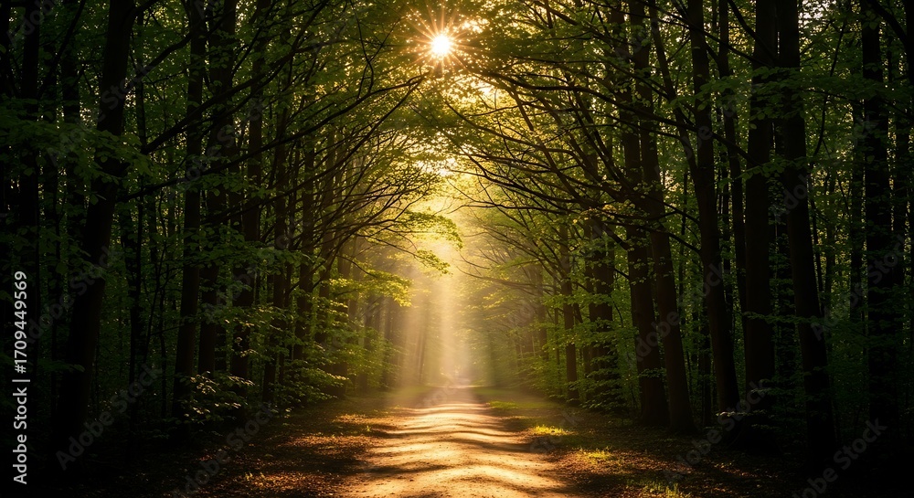 Naklejka premium Sunlit Path Through a Dense Forest.