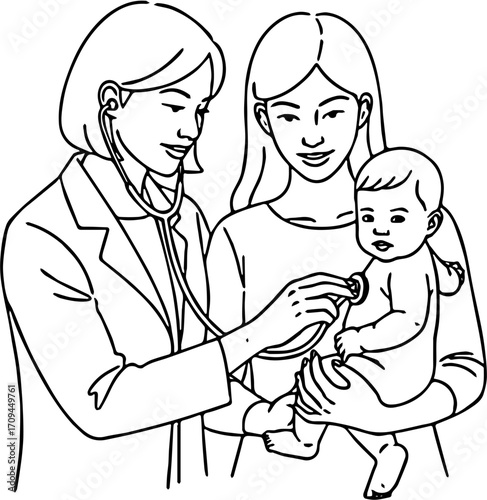 Caring female pediatrician performs a routine health check-up on a newborn infant held by its loving mother, emphasizing early childhood wellness and medical support