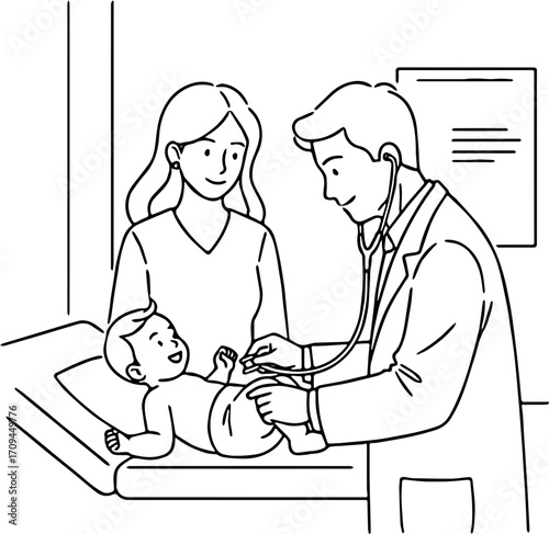 Pediatrician's routine checkup with a happy baby and attentive mother, emphasizing early childhood health and family wellness through a comprehensive medical examination
