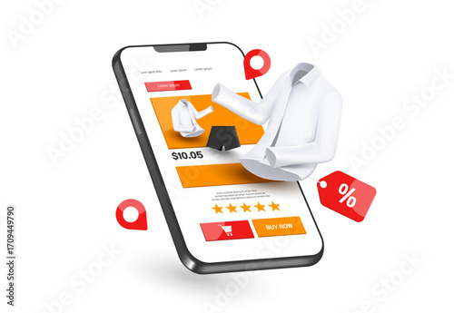 White shirt pop up on  smartphone screen with an online shopping app template and promotional tag label hanging from it, offering customers an offer to click buy now button, vector 3d for e commerce