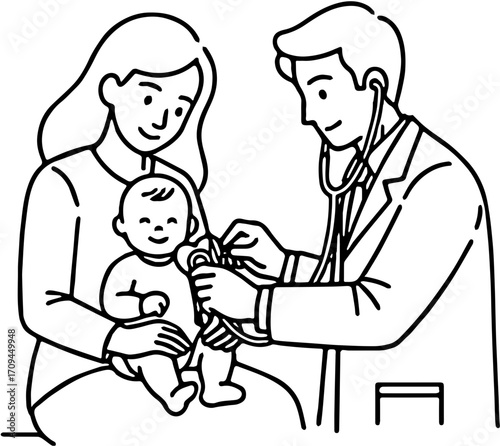 A caring pediatrician conducts a routine wellness examination of an infant with a stethoscope, as the baby is held securely by its mother, emphasizing early childhood health