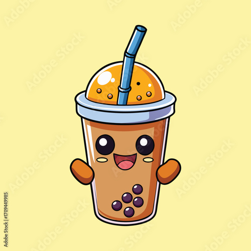 Cute bubble tea emoji cartoon character with smiling face and straw drink vector illustration,generative ai