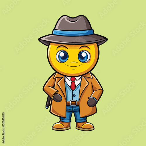 Cool cartoon detective emoji wearing trench coat and hat mysterious style vector illustration artwork,generative ai