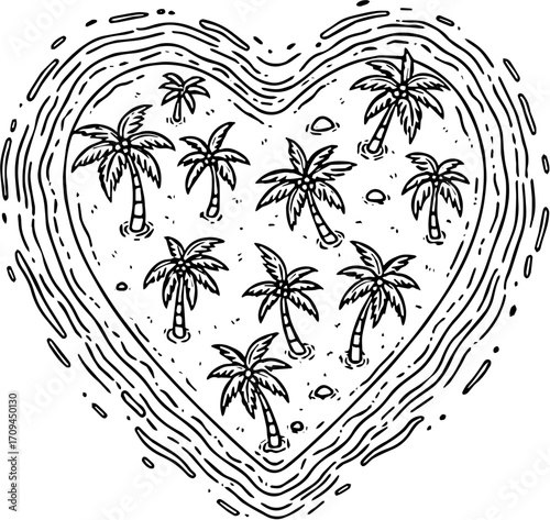 Heart-shaped tropical island illustration, a concept of romantic paradise. Lush with palm trees, it symbolizes serene escapes, tranquil dreams, love and idyllic getaways