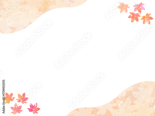モミジの紅葉イメージの背景素材。水彩風テクスチャー。葉っぱのシルエット。かわいい色調。光の粒子や水滴の輝き。山と葉っぱのシルエットのコンビネーション。和風なメリハリのあるあしらいのフレーム。