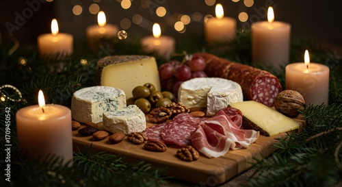 Festive Cheese Board with Candles and Holiday Decorations.