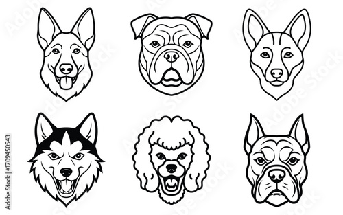 Collection of distinct dog breed head illustrations. Dog head icon vector illustration