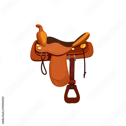 Classic brown leather saddle with stirrups and fastening straps  