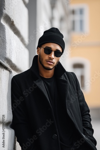 A stylish young man wearing a black coat, beanie mockup, and sunglasses, leaning against a wall in an urban setting