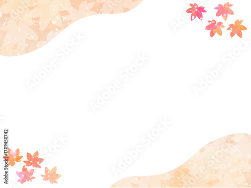 モミジの紅葉イメージの背景素材。水彩風テクスチャー。葉っぱのシルエット。かわいい色調。光の粒子や水滴の輝き。山と葉っぱのシルエットのコンビネーション。和風なメリハリのあるあしらいのフレーム。
