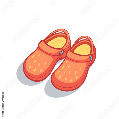 Colorful children’s clogs in bright orange color on white background  