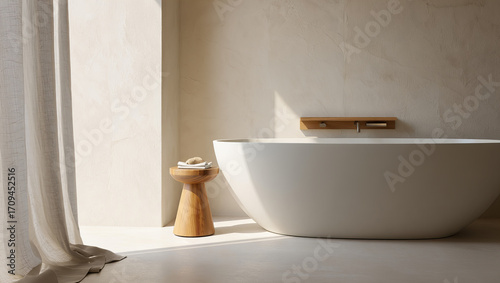 Minimalist bathroom with freestanding tub and warm daylight 
