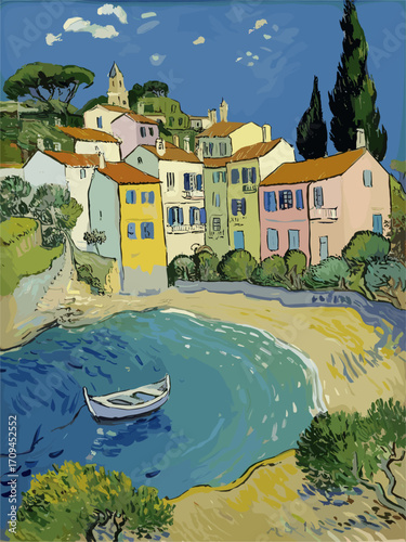 Oil painting of a Mediterranean coastal town on hillside with colorful houses, terracotta roofs, cypress trees, sandy beach, deep blue sea, and vibrant impressionism style