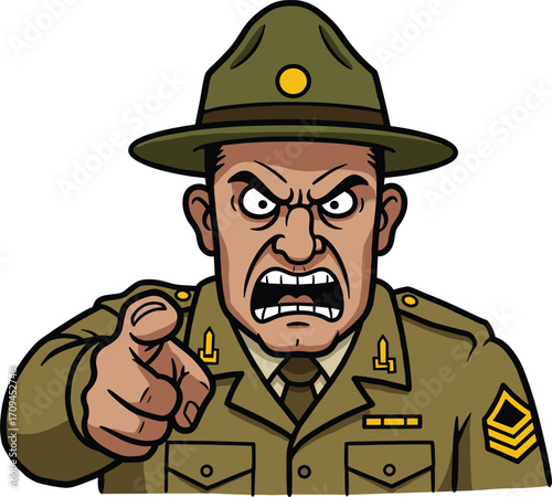 Angry military officer pointing finger, cartoon style illustration, strict commander shouting, green uniform, authority concept, leadership discipline, recruitment poster art