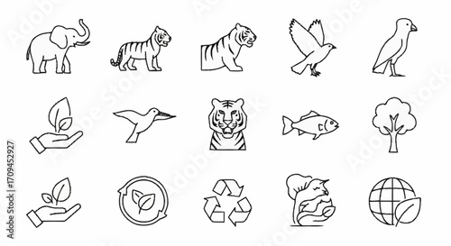 Collection of diverse nature and wildlife line icons, featuring various animals, plants, and environmental conservation symbols, perfect for eco-friendly designs and digital projects