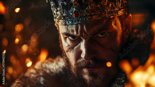 A fierce warrior king stares intensely, adorned with a regal crown and surrounded by flames, embodying strength and leadership.