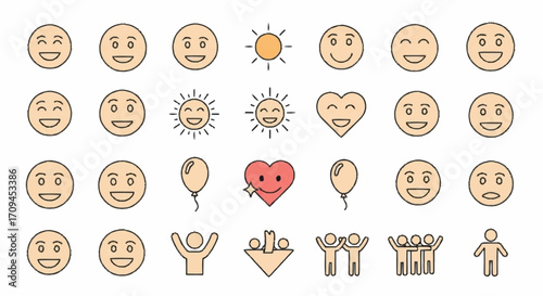 Vibrant collection of expressive line icons illustrating a range of positive emotions, happiness, and celebration. Ideal for conveying joy, social connections, and cheerful moods in design