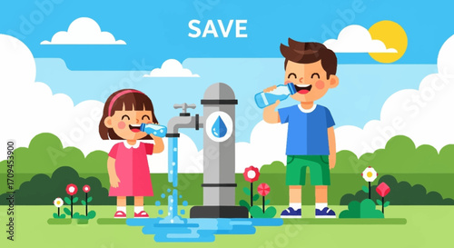 Kids Saving Water  A Fun Illustration Promoting Water Conservation