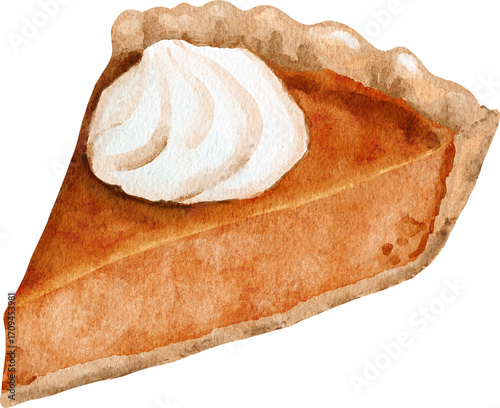 Watercolor hand drawn illustration of orange pumpkin squash pie with cream topping. Traditional dish dessert food for thanksgiving halloween christmas. Baking bakery recipe for dinner cafe party.