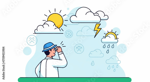 Man with binoculars observing dynamic weather changes, forecasting future climate conditions, and preparing for an uncertain atmospheric outlook