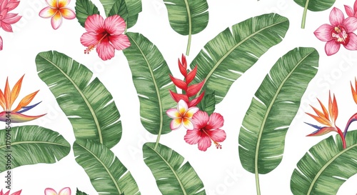 Watercolor Tropical Floral Pattern with Hibiscus Palm Leaves.
