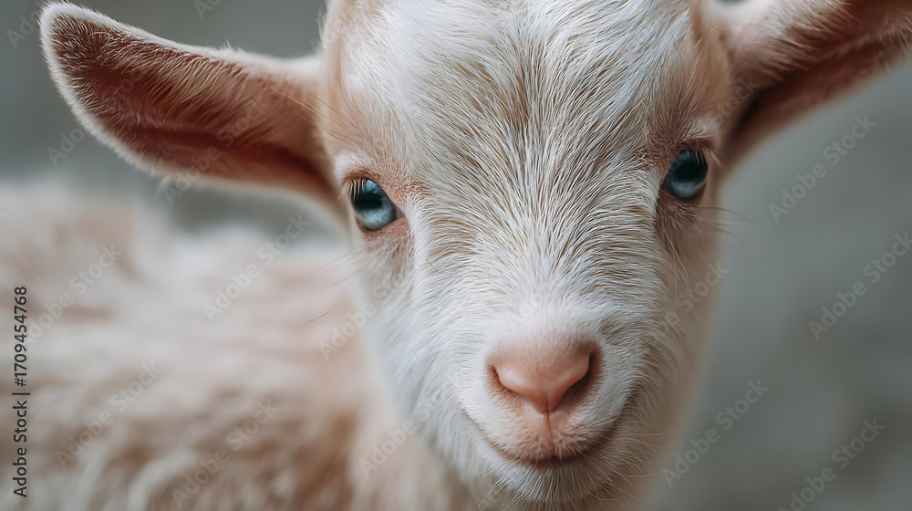 Fototapeta premium Close-up of a cute baby goat with expressive eyes, showcasing its soft fur and adorable features, perfect for animal lovers.