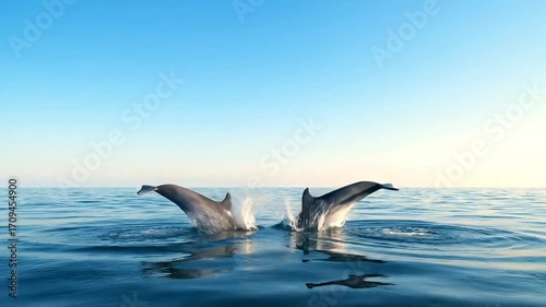 Two playful dolphins leap majestically from sparkling ocean waves under a clear blue sky.