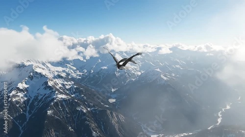 Majestic bald eagles soar above snow-capped mountains, embodying freedom and wild spirit in stunning aerial flight.