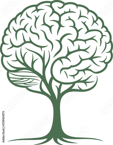 Brain tree illustration, nature and mind connection, environmental intelligence concept, creative growth, mental health, eco knowledge, sustainability, cognitive development art