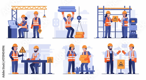 Workers in safety gear performing construction and industrial tasks, emphasizing occupational health and workplace safety measures through various activities