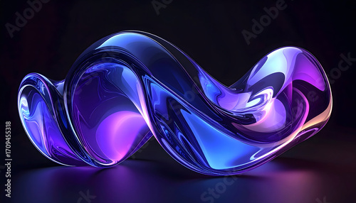 3D render of abstract curved glass shapes with a purple and blue gradient isolated on a black backgroun
