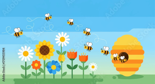 Cartoon Bees Flying Around Flowers and Beehive in a Garden with Blue Sky Background