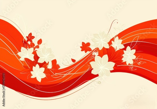 Vibrant Red and White Floral Wave Decorative Background Design