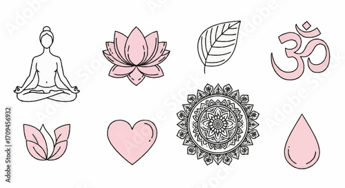 Yoga and Meditation Line Art Illustrations Pink and Black Design Elements