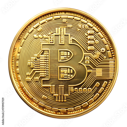 Golden bitcoin coin with circuit pattern, isolated on transparent background