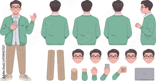 Man in green cardigan with multiple view positions
